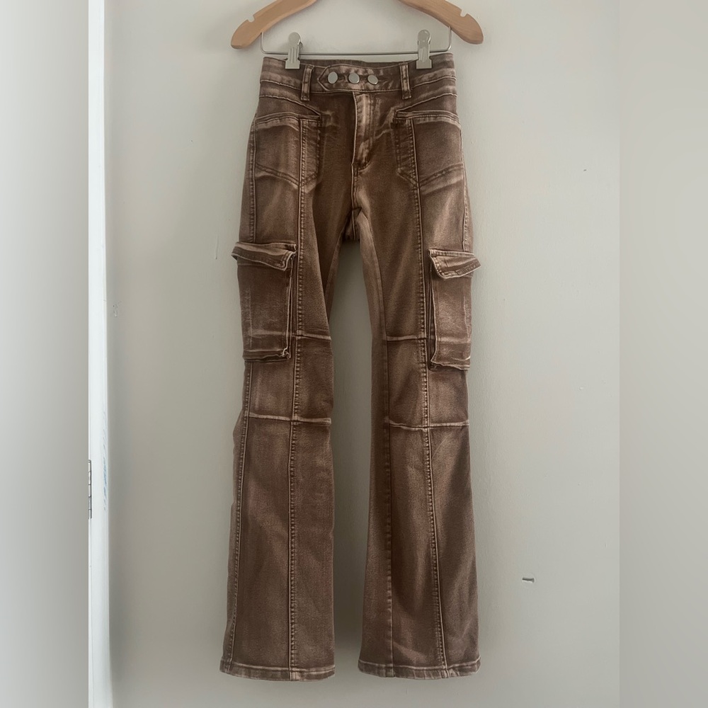 Y2K Brown Stretch Denim Curvy Cargo Bootcut Jean Sz 24